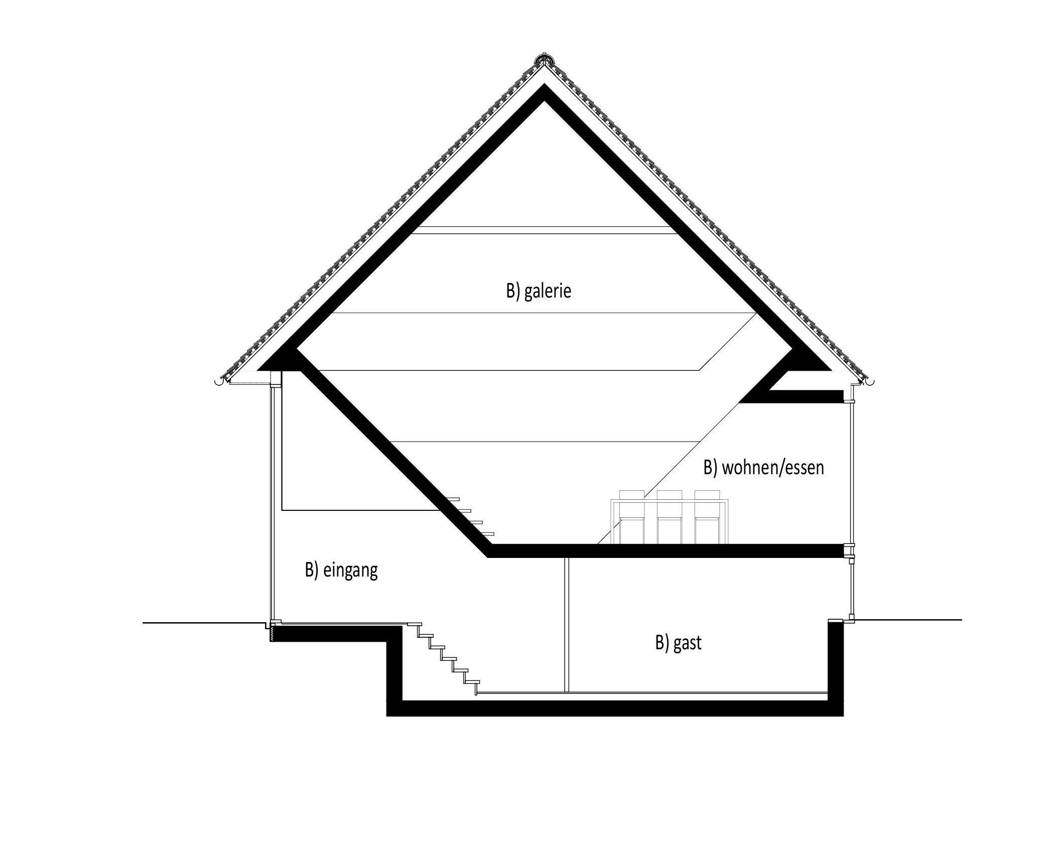 Schnitt durch das neue Schusterbauernhaus mit der inneren Raumskulptur